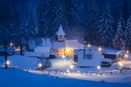 Snowy Mountains - fence, trees, fir, forest, town, evening, church, snow, homes, snowy, lights