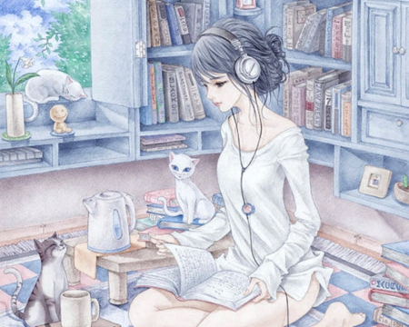 Cute Girl - girl, cat, room, anime, cute