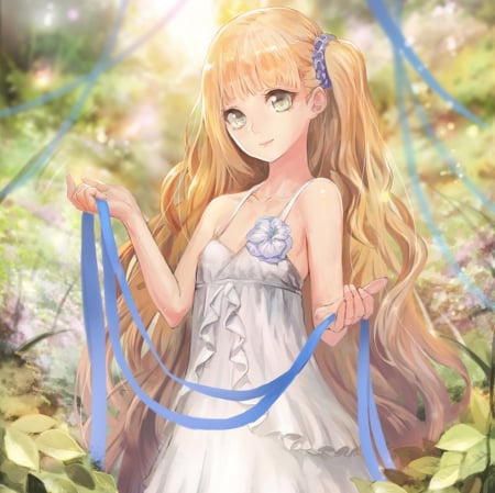 Blue Ribbon - nice, beauty, female, sundress, blond, anime girl, blond hair, pretty, blonde hair, anime, ribbon, blouse, maiden, lady, girl, long hair, lovely, beautiful, sweet, dress, blonde