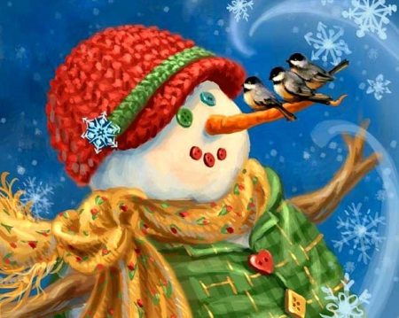 ★Snowman Much Fun★ - pretty, fun, snowman, birds, winter, snowflakes, magic, paintings, snow, colors, lovely, xmas and new year, Christmas, love four seasons, winter holidays