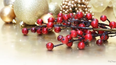 Holiday Berries and Balls - balls, ribbons, decorations, winter, berries, christmas, shiny, sparkle