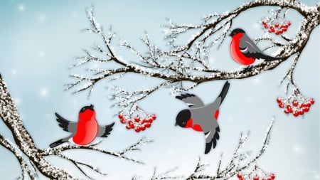 Winter Sweet Bullfinch - trees, birds, winter, snow, finches, 3D, berries, ice, frost, Christmas, sky