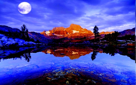 MOONLIGHT NIGHT - moon, lake, light, mountain