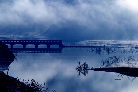 LAKE in WINTER - winter, lake, pier, bridge