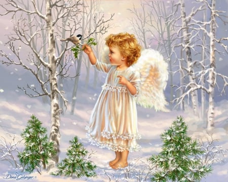 â˜…Little Angelâ˜… - love four seasons, xmas and new year, beautiful, holidays, blessings, christmas, little angels, wings, heaven, nature, birds, paintings, winter, pretty, attractions in dreams, winter holidays, weird things people wear, little angel, angels, creative pre-made, lovely, weird things people wears, trees, colors, snow, woodland