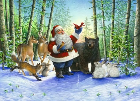 Santa's christmas morning - winter, magic, beautiful, snow, morning, christmas, santa, holiday, painting, frost, friends, art, animals