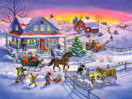 Countryside Christmas - fun, snow, joy, countryside, holiday, view, art, houses, sleigh, kids, winter, beautiful, village, christmas, colorful, santa, painting