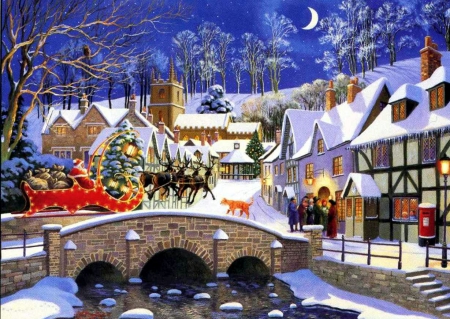 Special Delivery - xmas, christmas trees, christmas, painting, santa, village, snow, river, artwork, sleigh, bridge