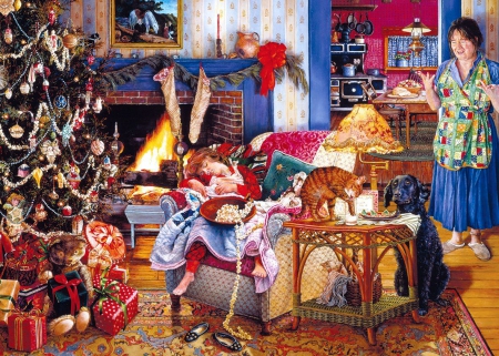 Cought in the Act - child, fireplace, mother, cat, chimney, artwork, christmas, christmas tree, gifts, painting, dog