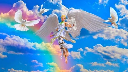 Rainbow Angel - woman, rainbow, angel, serene, girl, colorful, fantasy, art, gorgeous, blue, beautiful, digital, googlehead