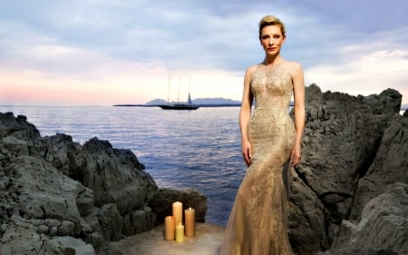 Cate Blanchett - summer, rock, evening, model, actress, cate blanchett, candles, dress, golden, sea, stone, woman