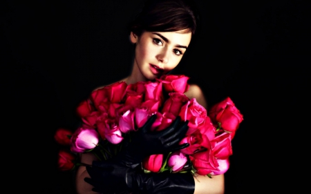 Lily Collins - flower, rose, pink, black, model, actress, bouquet, girl, lily collins, woman