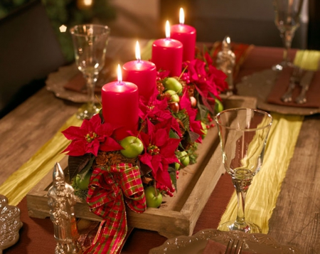 Christmas table - glasses, candles, magic, dishes, winter, christmas, holidays, table, eve, poinsettia, decoration