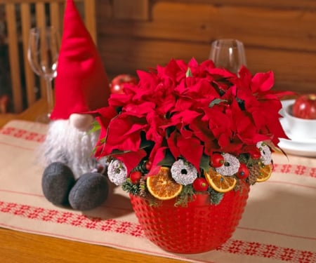 Christmas decoration - christmas, pots, glasses, decoration, poinsettias, red, table