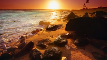 Summer Beautiful Sunset - sunset, summer, beautiful, sea, night, rocks