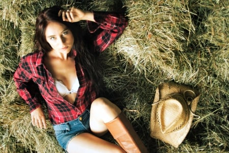 Cowgirl In The Hay Loft - girls, women, style, fun, models, hay, female, cowgirls, boots, hats, western, brunettes, barns