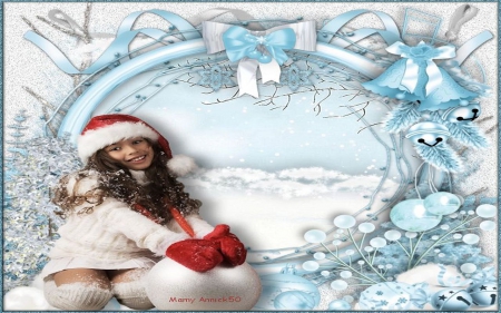 Magic Christmas - white, bows, girl, snow, blue, holiday, christmas