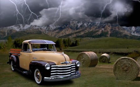 Vintage Chevy Truck with Approching Storm - chevrolet, truck, lightning, hay field, storm