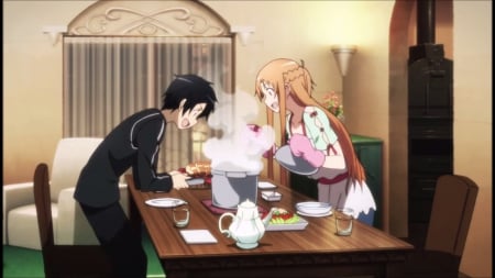 Wah ... Looks Delicious - nice, kitchen, female, smiling, anime girl, sao, kirigaya kazuto, kazuto kirigaya, pretty, yuuki, table, anime, yuuki asuna, food, pot, sword art online, male, anime couple, couple, asuna, girl, kirigaya, smoke, kirito, lovely, boy, sweet, asuna yuuki, smile, happy, guy, kazuto