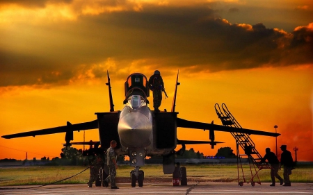 MiG 31 and its Ground Crew at Sunset - aircraft, sunset, mig 31, military