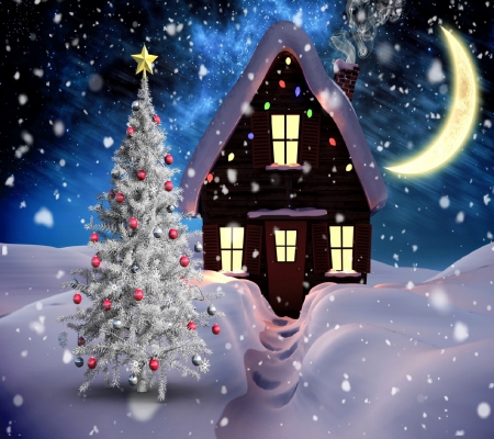 Sweet Chritmas - abstract, moon, house, snowflakes, blue, beautiful, snow, night, stars, sweet, tree, white, christmas tree, cute