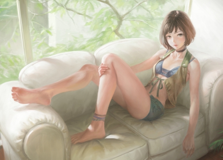 The Couch - pretty, anime, female, scene, maiden, couch, short hair, nice, anime girl, sofa, beautiful, girl, beauty, lovely, brown hair, sweet, chair, pant, blouse, lady, sexy