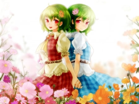 Just Me - pretty, anime, kawaii, female, blossom, dress, green hair, short hair, touhou, nice, kazami yuuka, gown, anime girl, beautiful, girl, beauty, lovely, sweet, flower, petals, double, twins, cute, adorable, floral