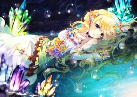 Enhancement - magic, anime girl, laying, blond hair, blonde hair, reflection, lady, adorable, long hair, lay, beautiful, sweet, dress, nice, beauty, female, water, blond, bubbles, fantasy, angelic, crystal, gorgeous, pretty, anime, cute, maiden, elf, girl, lovely, kawaii, sublime, blonde