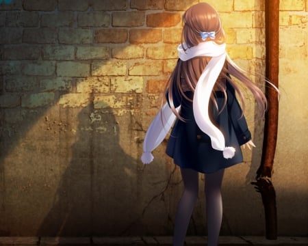 Brick Wall - pretty, anime, female, long hair, hd, nice, anime girl, brick, girl, lovely, brown hair, sweet, shadow, cg, standing, scarf, stand, shade, wall