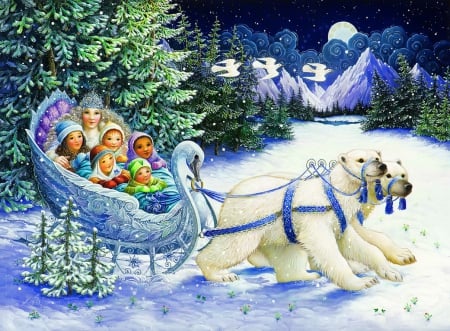 The snow queen - moon, bears, ride, mountain, trees, joy, magic, winter, fantasy, fairytrale, christmas, queen, children, cold, snow, holiday