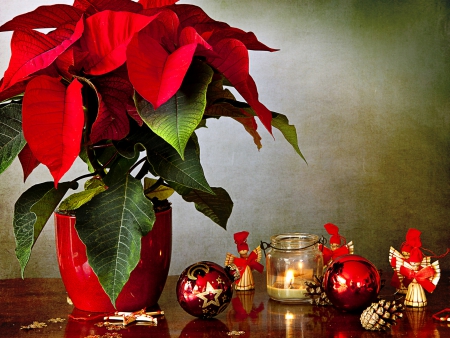 Preparing For Christmas - wood, candle, table, plant, stars, pine cones, ornaments, poinsettia, straw angel, glass