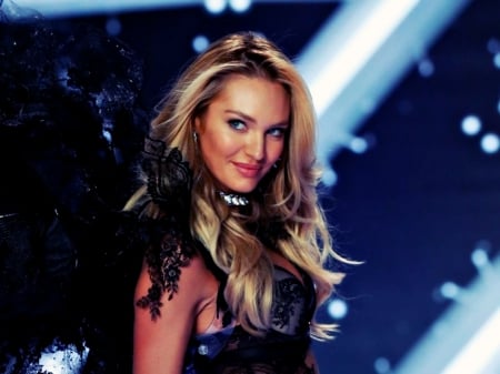 Candice Swanepoel - wings, black, model, blonde, girl, woman, blue, candice swanepoel