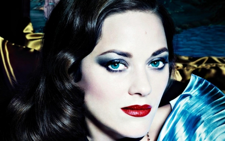 Marion Cotillard - Marion Cotillard, blue, girl, actress, make-up, red, woman, model, face