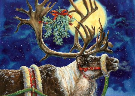 Santa's Reindeer - christmas, moon, deer, artwork, night