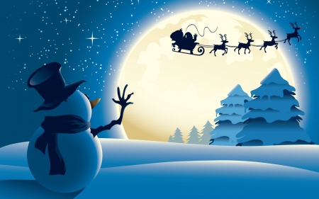 Farewell, Santa ! - moon, sleigh, trees, snowman, winter, artwork, snow, christmas, xmas