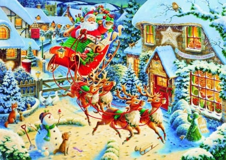 Santa's Flying Visit - firs, snowman, village, reindeer, houses, artwork, sleigh, snow