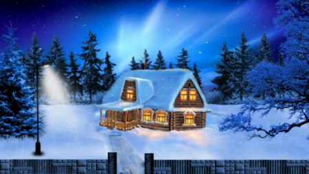 ~*~ Winter Night Landscape ~*~ - nature, aurora borealis, hd wallpaper, winter holidays, happy holidays, winter house, winter night landscape