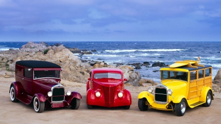 Beach Rods - beach, street rods, ocean, hot rod