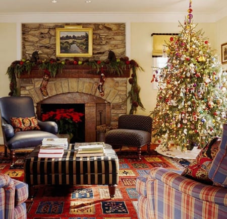 Christmas Tree - architecture, christmas tree, fireplace, interior, house