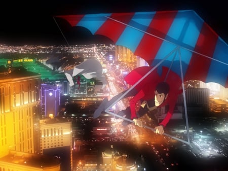 Glider Escape - city scape, night lights, arsene lupin the 3rd, thief, glider, anime thief, anime guy, city lights, nighttime, red coat, anime, arsene, lupin, arsene lupin