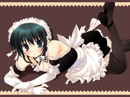 Izumi Sawatari - sawatari, anime maid, laying down, anime, anime girl, kore ga watashi no goshujin-sama, maid, izumi, blushing, maid outfit, izumi sawatari, green hair