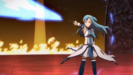 Magic - nice, beauty, female, magic, anime girl, angry, sao, fire, flame, pretty, sinister, yuuki, anime, yuuki asuna, sword art online, scene, elf, girl, asuna, fighting, long hair, lovely, blue hair, balze, beautiful, sweet, asuna yuuki, alo