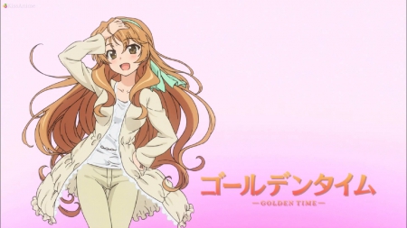 Kaga Kouko - golden time, plain, happy, maiden, shirt, anime girl, girl, kouko, smiling, lady, jacket, kaga kouko, blouse, simple, pink, pretty, sweet, brown hair, anime, long hair, nice, lovely, pant, smile, female, kaga