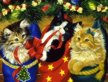 Kitten with a Bow - pretty, creative pre-made, paintings, bows, colors, lovely, xmas and new year, kittens, cute, cats, adorable, Christmas, love four seasons, draw and paint, animals