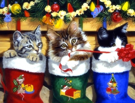 Kittens & Christmas - xmas and new year, adorable, animals, kittens, draw and paint, lovely, creative pre-made, christmas, love four seasons, bow, pretty, cats, colors, paintings, cute