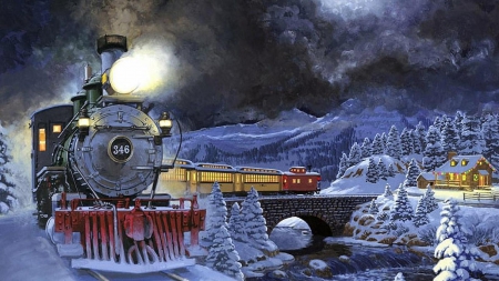 Slow Train Coming - train, tracks, fantasy, snow