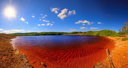 Colorful Lake - bright, nature, sky, lake, clouds, red, sun