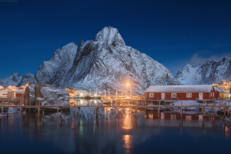 Beach Island - beach, house, mountain, light