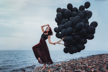 On the coast - black, coast, woman, model, balloons, winding