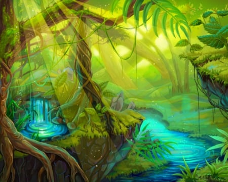 Fantasy Forest - land, fantasy, river, trees, art